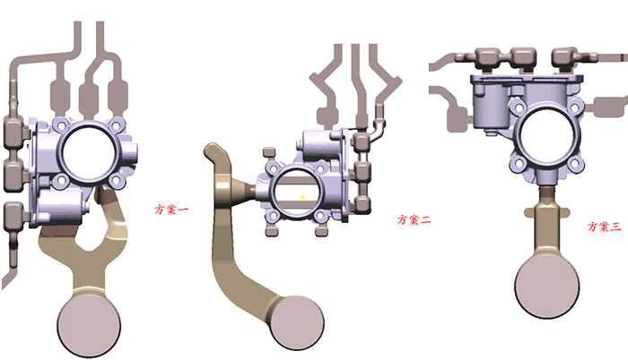 Şekil 2: Gaz kelebeği gövdesi için geliştirilen üç farklı tasarım 