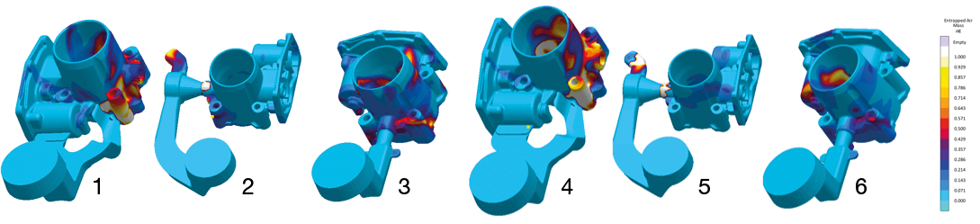 Şekil 3: Her iki geçiş noktasına bağlı olarak incelenen üç yolluk tasarımı için sıkışan hava kütlesi (‘Entrapped Air Mass’) (tasarım 1-3 340 mm’de ve tasarım 4-6, 350 mm’de) 