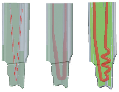 Farklı soğutma kanalı tasarımları; CNC işlenmiş (sol) ve 3D yazıcı ile üretilen (sağ) 