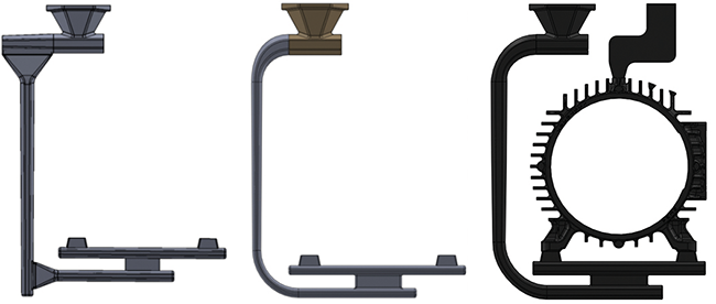 Fig. 3: Classical gating (a), optimized curved gating (b) und pattern layout (c) 